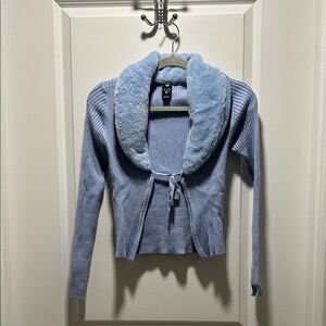 Light Blue Cardigan with Faux Fur Collar